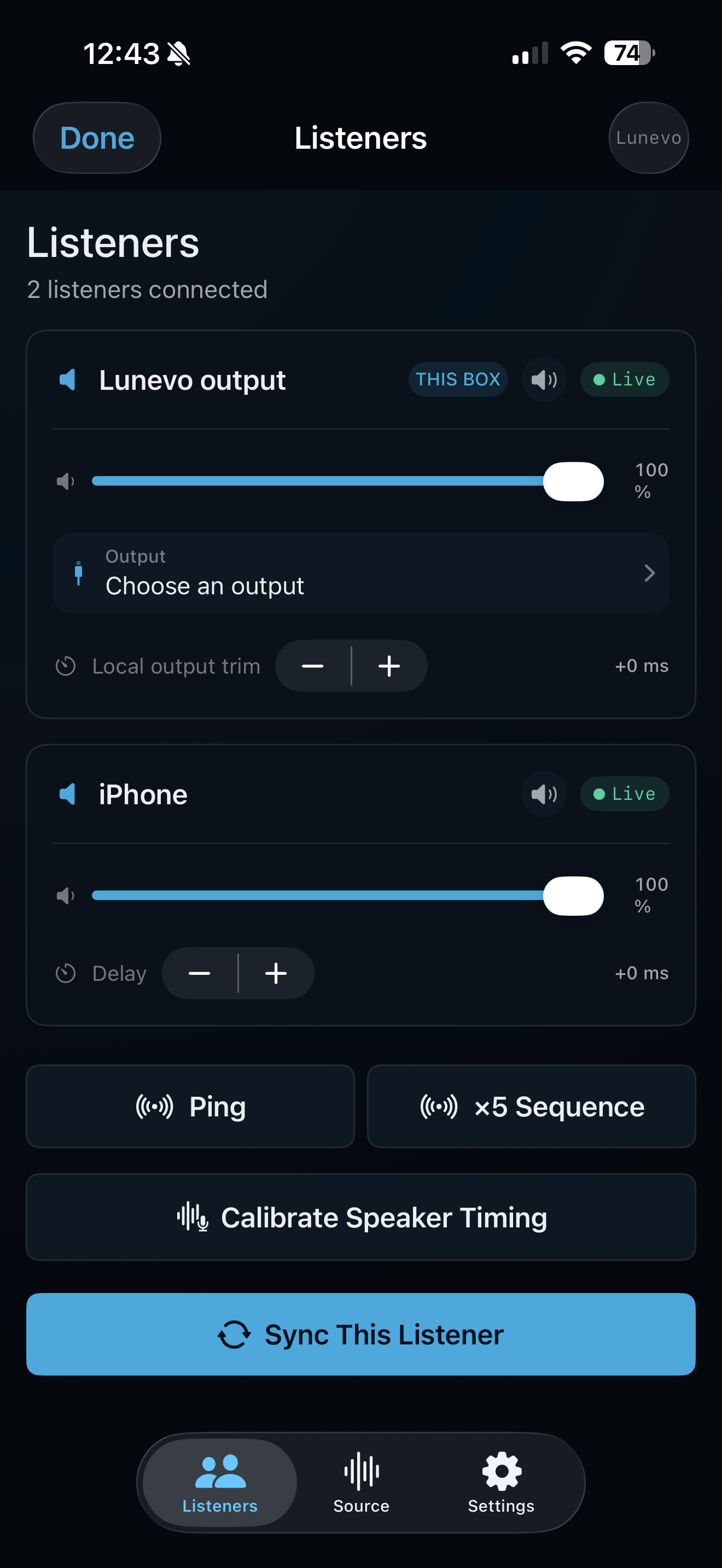 Lunevo iPhone showing per-listener volume, output, and timing controls