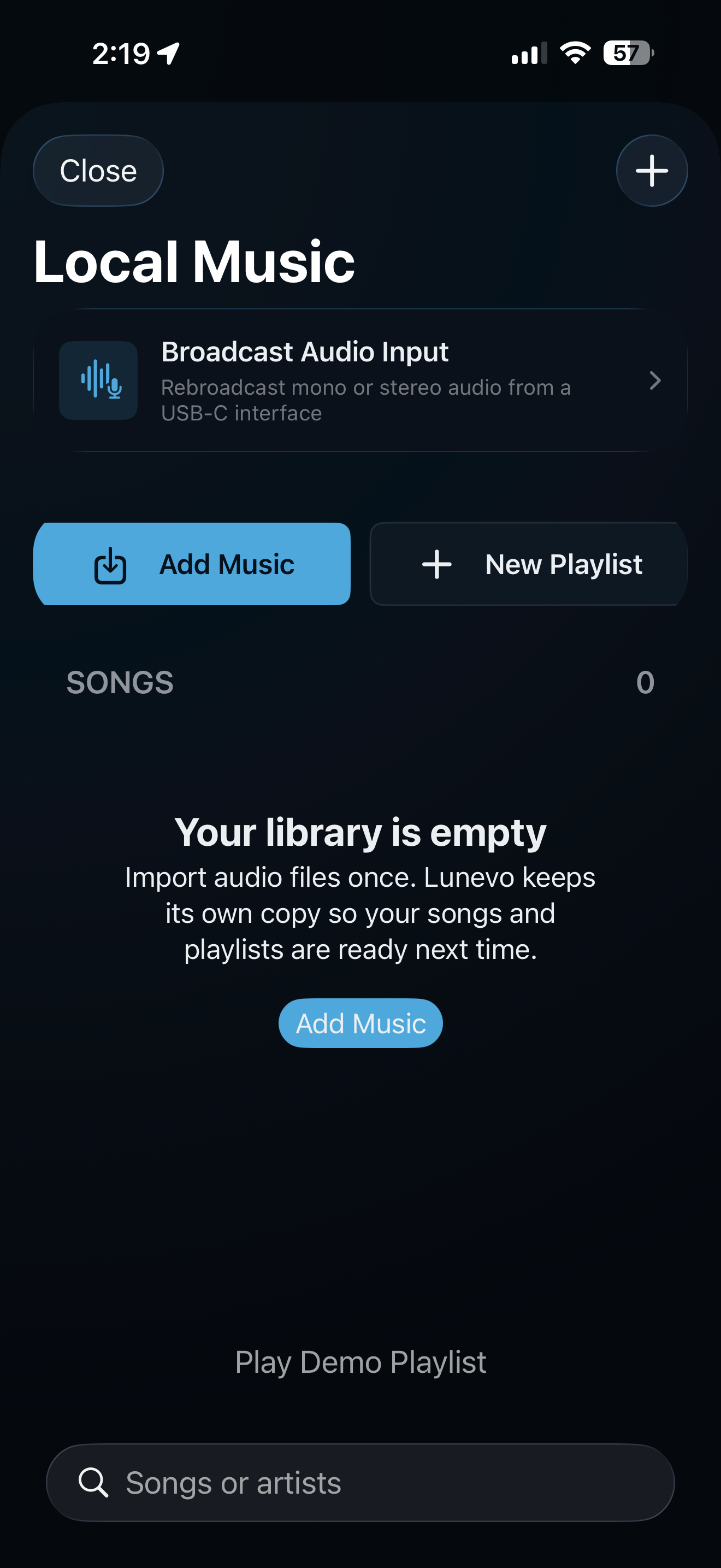 Lunevo local music library with options to import files or broadcast live audio