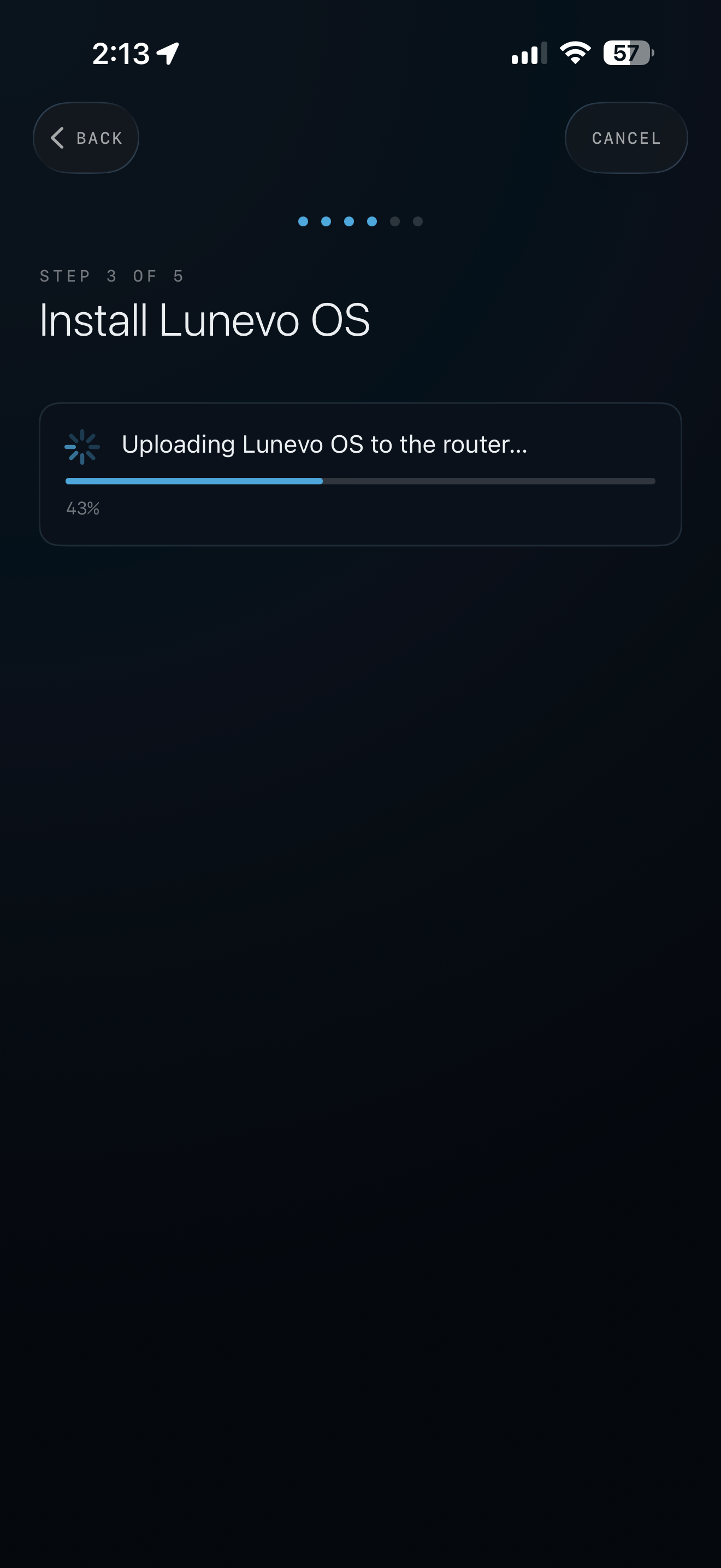 Lunevo app transferring Lunevo OS to a supported GL.iNet portable router