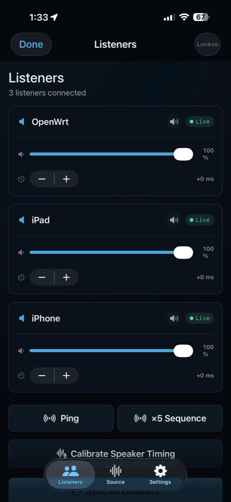 Lunevo app listeners view showing three connected listeners