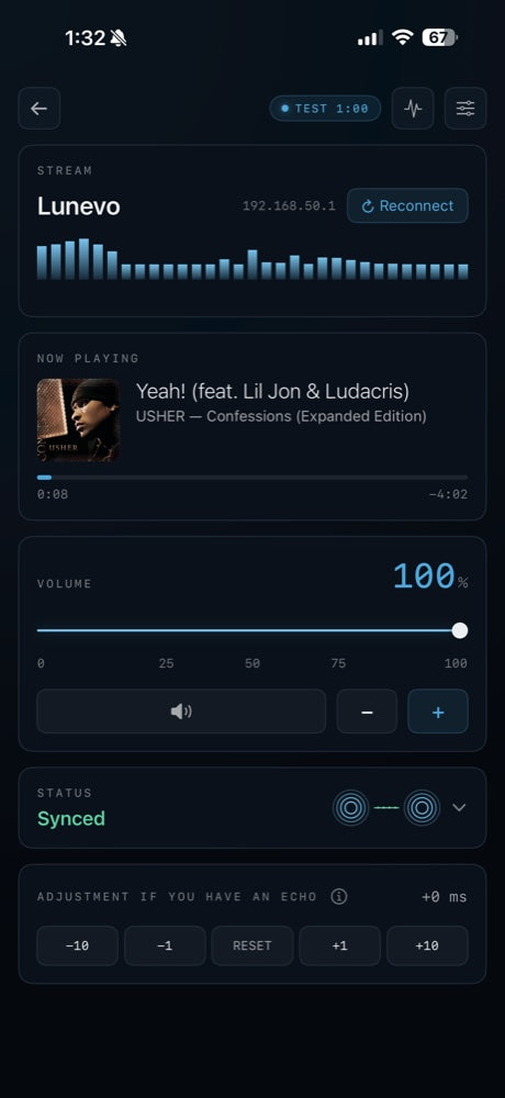 Lunevo app player view with now playing, group volume, and sync status
