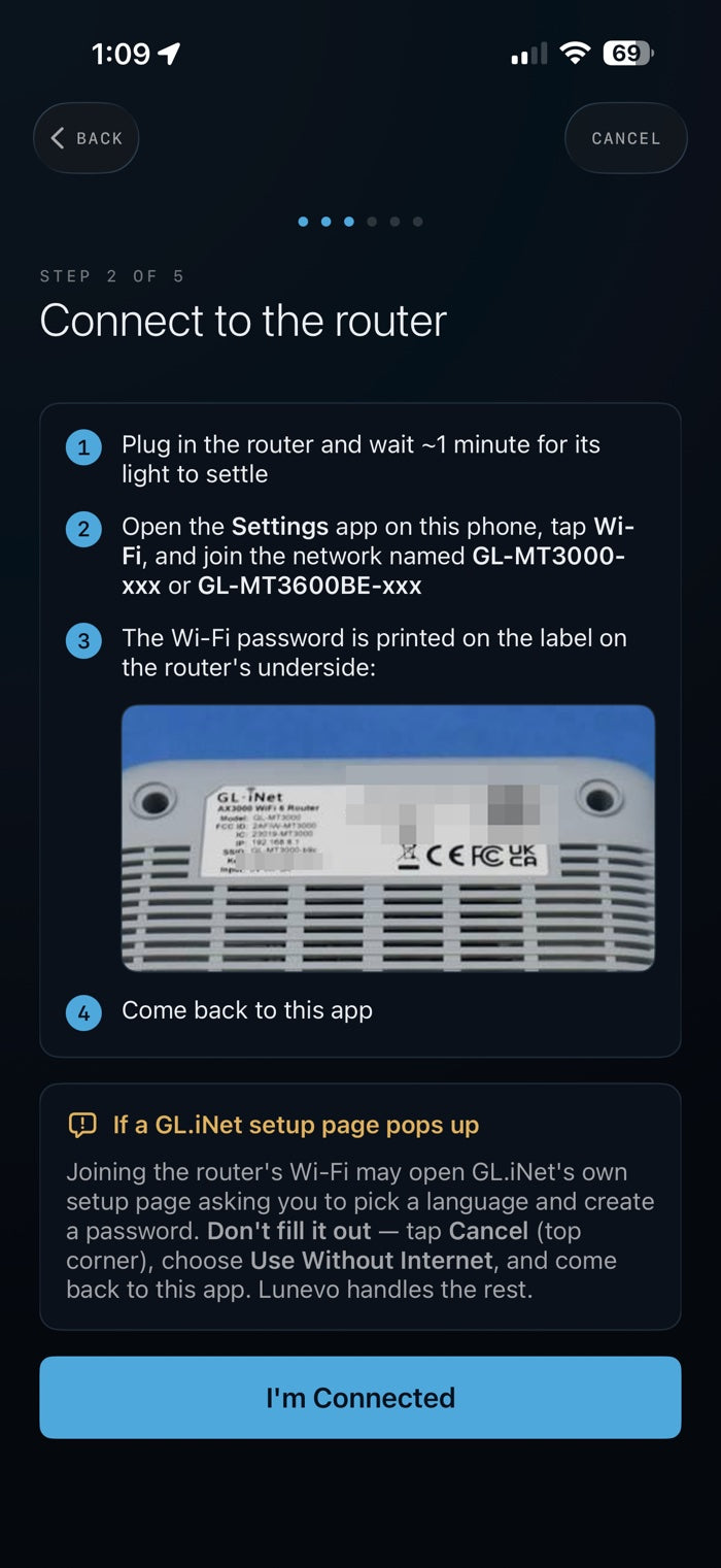 Lunevo app walking through joining the router's Wi-Fi network