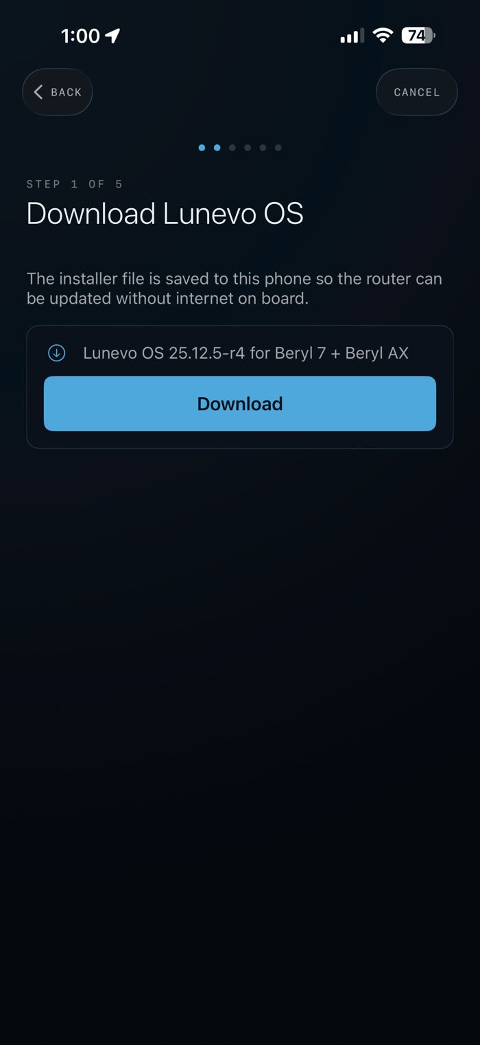 Lunevo app downloading the Lunevo OS installer