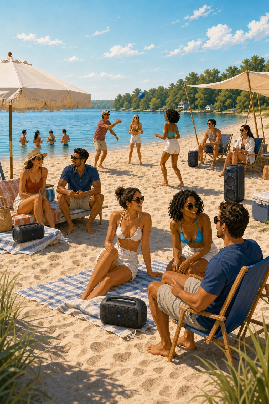 Friends enjoying one soundtrack from speakers spread across a daytime beach party