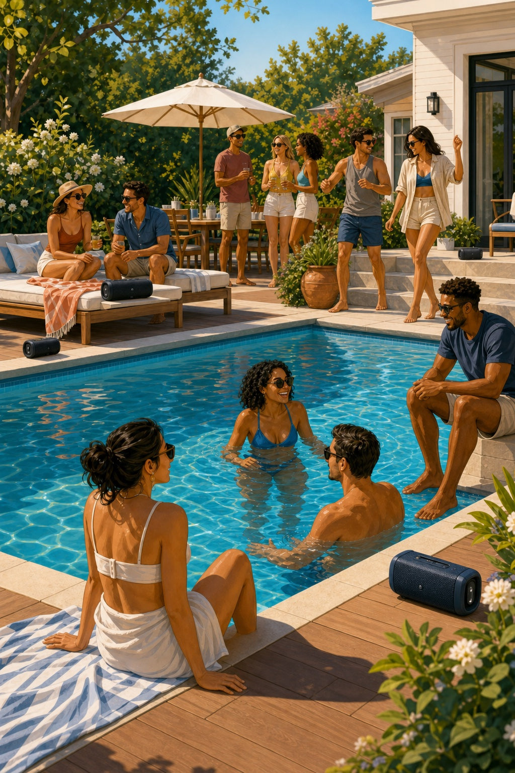 Friends enjoying music from multiple speakers around a daytime pool party