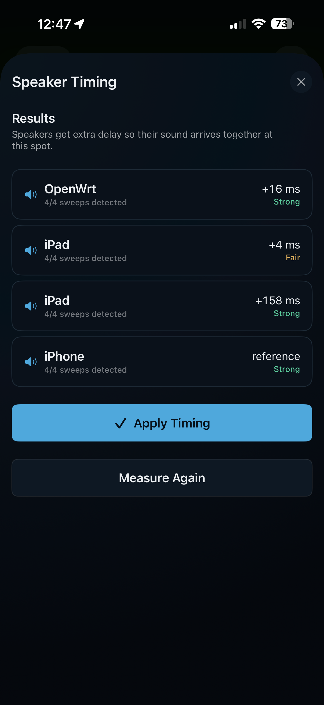 Lunevo speaker timing results with suggested delay for each listener